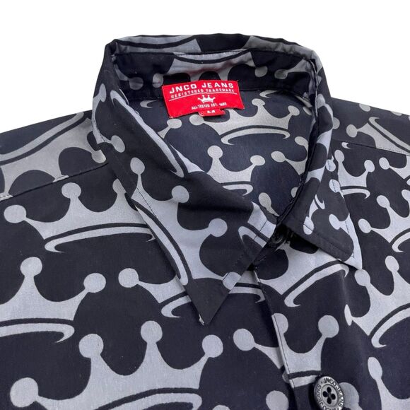 JNCO JEANS Shirt Men’s M Black Gray Crown Skulls Flames Tribal AOP Y2K Skater - Picture 4 of 11